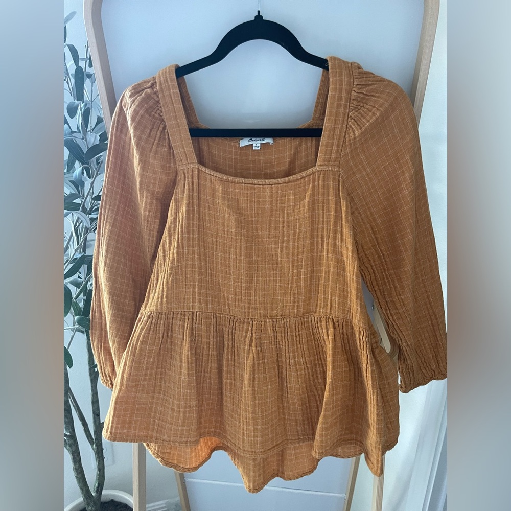 Lightspun Millbrook Puff-Sleeve Peplum Top in Windowpane | Madewell
